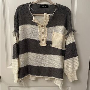 Blue B Collection Women's Striped Sweater - Gray and Cream Oversized